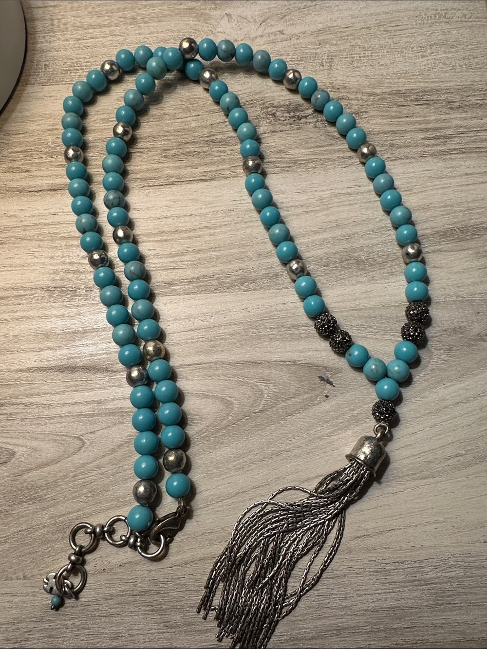 Lucky Brand Turquoise & Silver Beaded Tassel Necklace